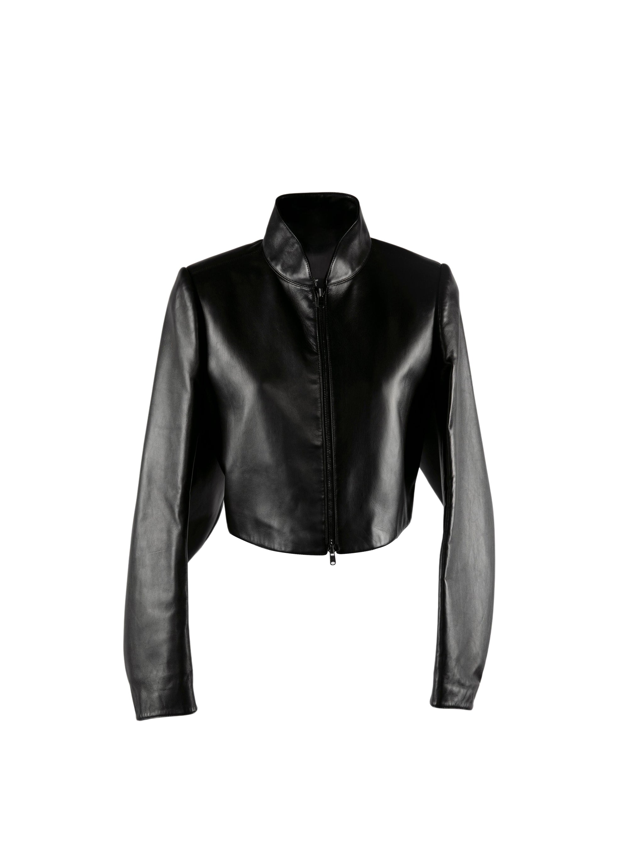 Long-sleeved leather bolero with stand-up collar - Black intense