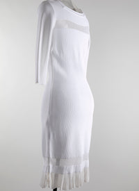 Square neck dress with 3/4 length sleeves and lace hem - White iridescent