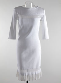 Square neck dress with 3/4 length sleeves and lace hem - White iridescent