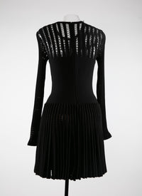 Pleated short dress with long sleeves in wool - Black intense