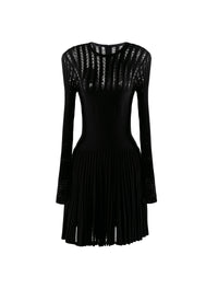Pleated short dress with long sleeves in wool - Black intense