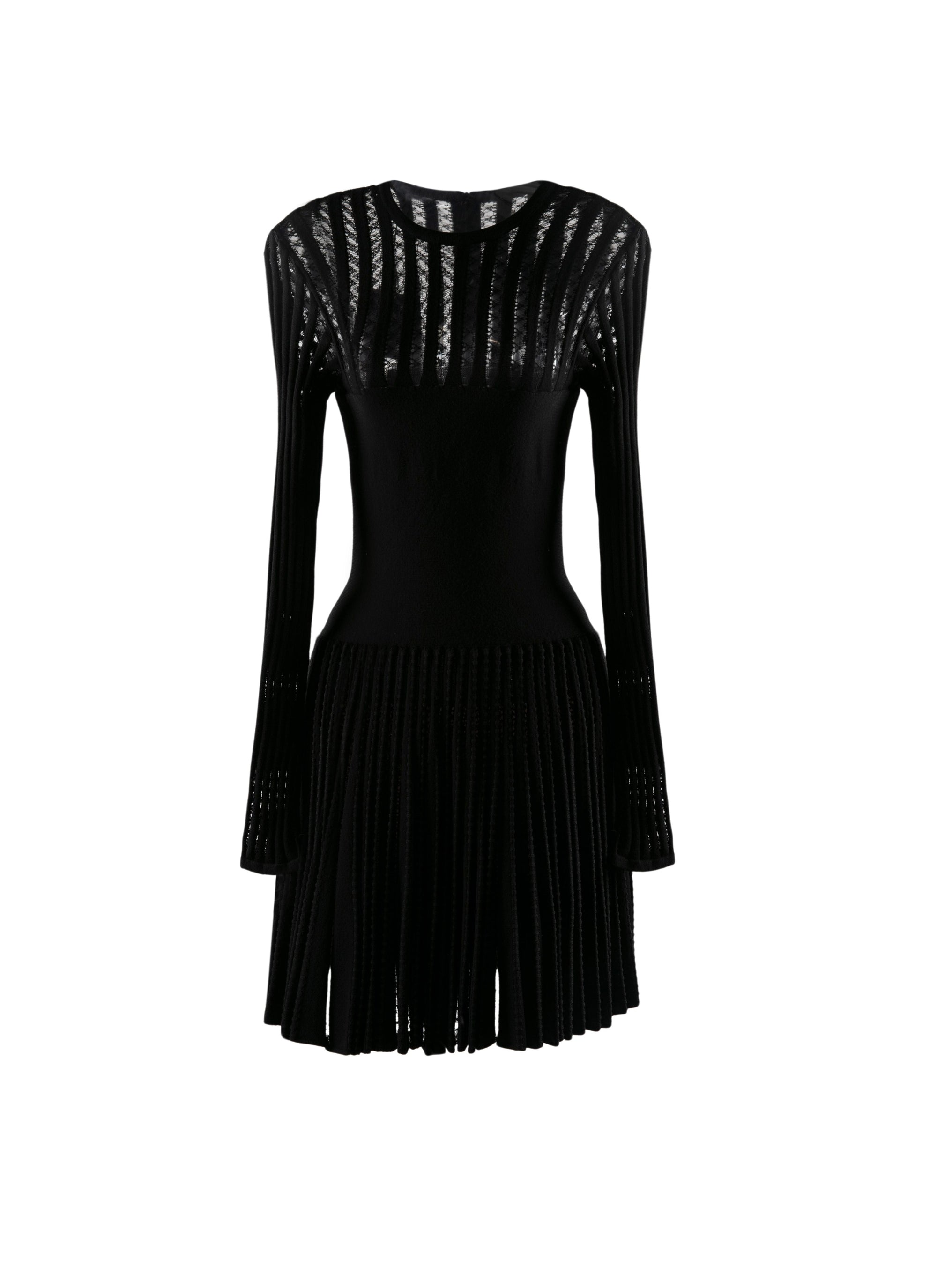 Pleated short dress with long sleeves in wool - Black intense