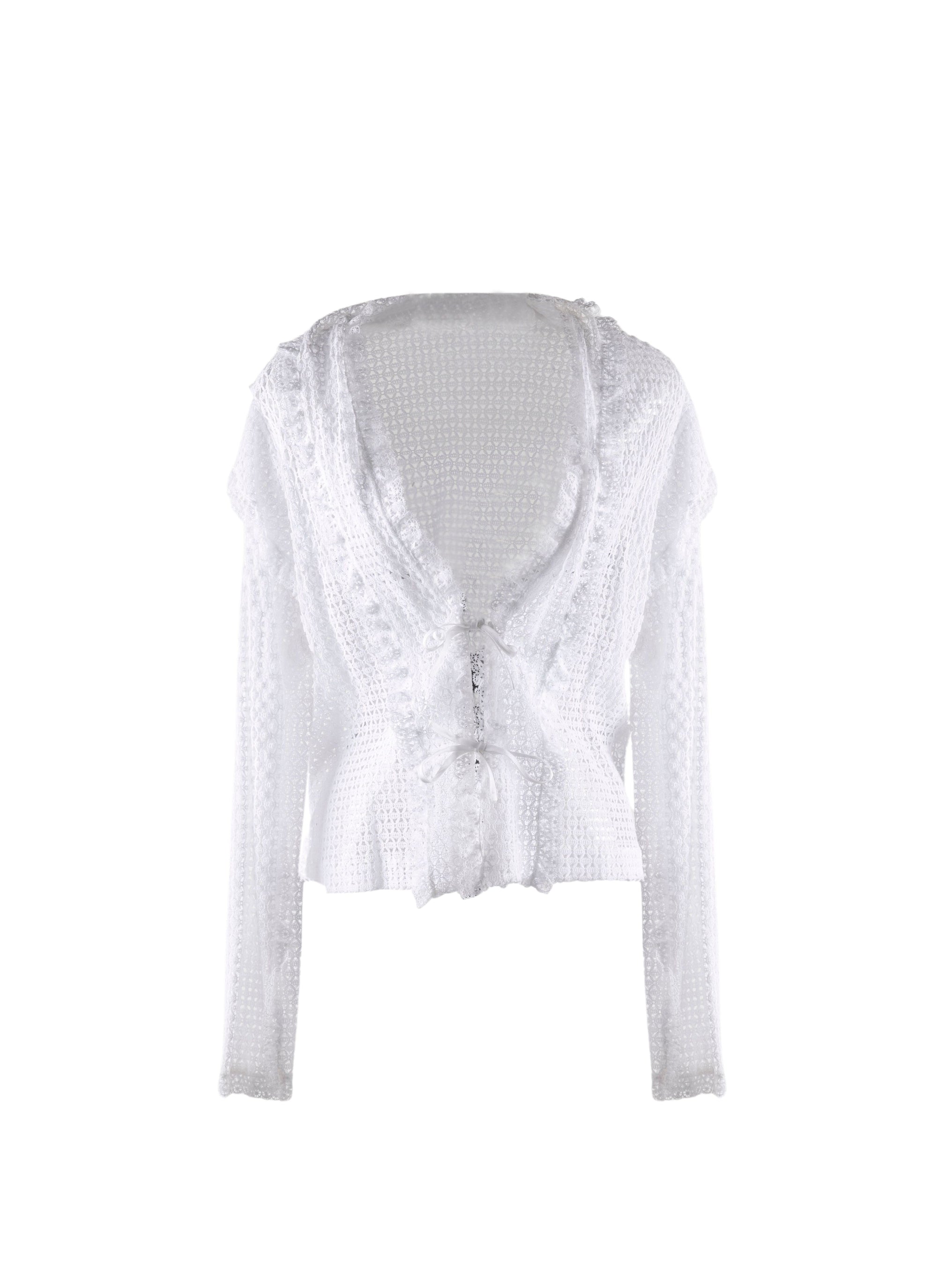 Sheer tie shirt with plunging collar - White