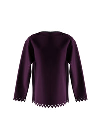 Pull à manches longues à ourlet festonné en laine - Aubergine
