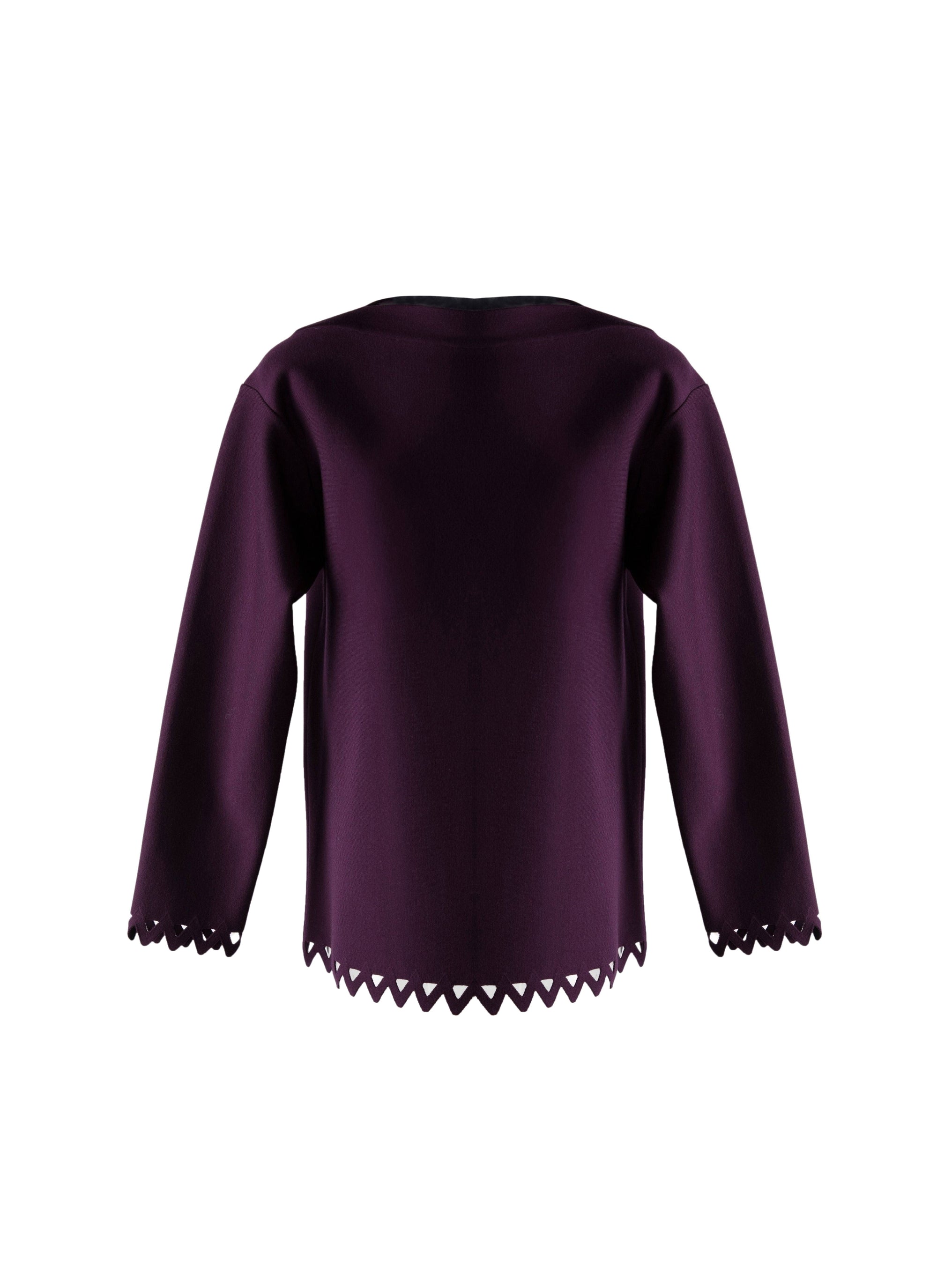 Pull à manches longues à ourlet festonné en laine - Aubergine
