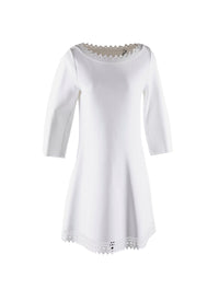 Robe à manches 3/4 à col et ourlet festonnés - Blanc