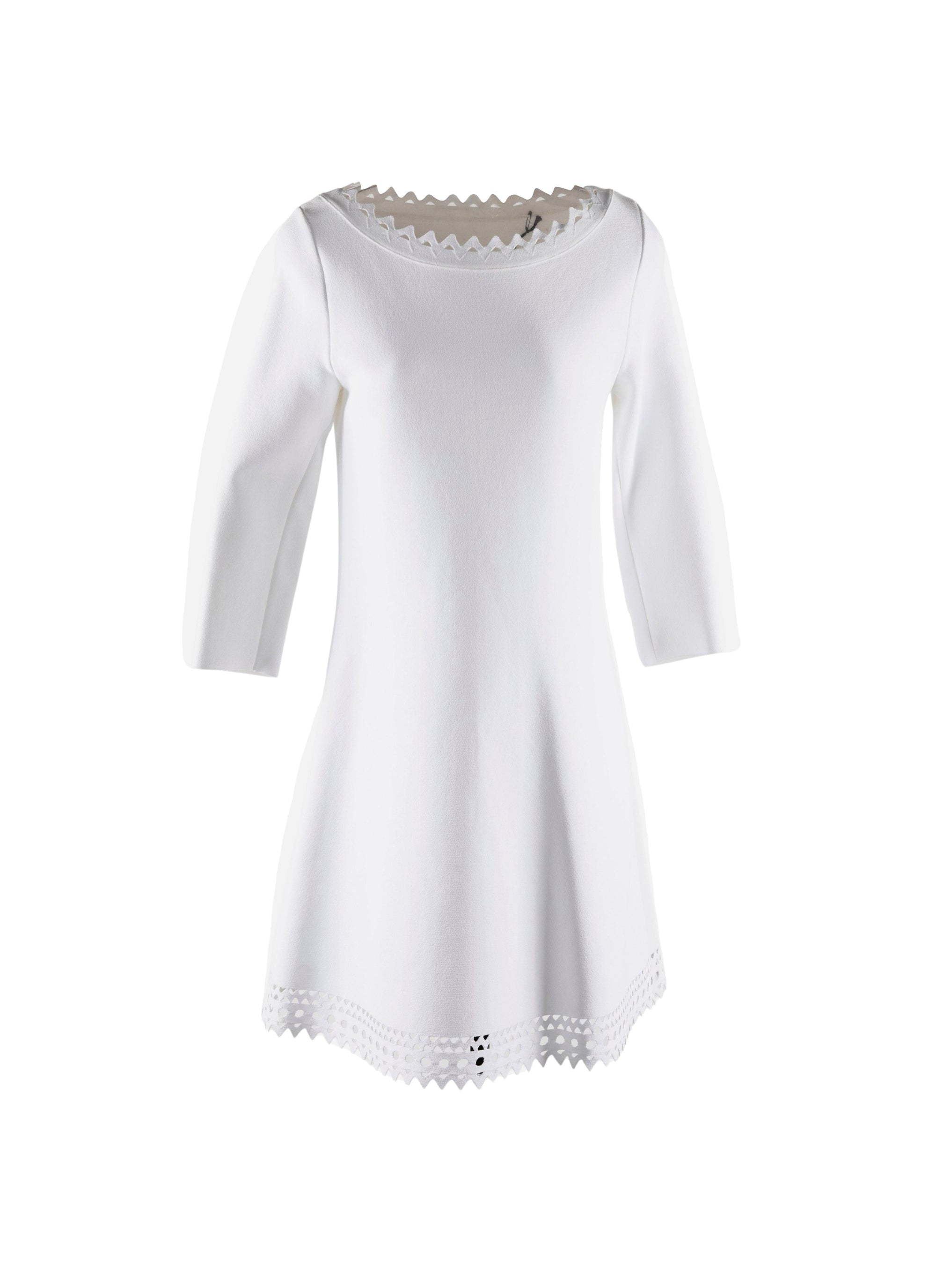Robe à manches 3/4 à col et ourlet festonnés - Blanc