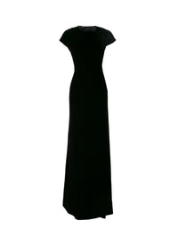 Long dress with short sleeves and round neck - Black Gloss