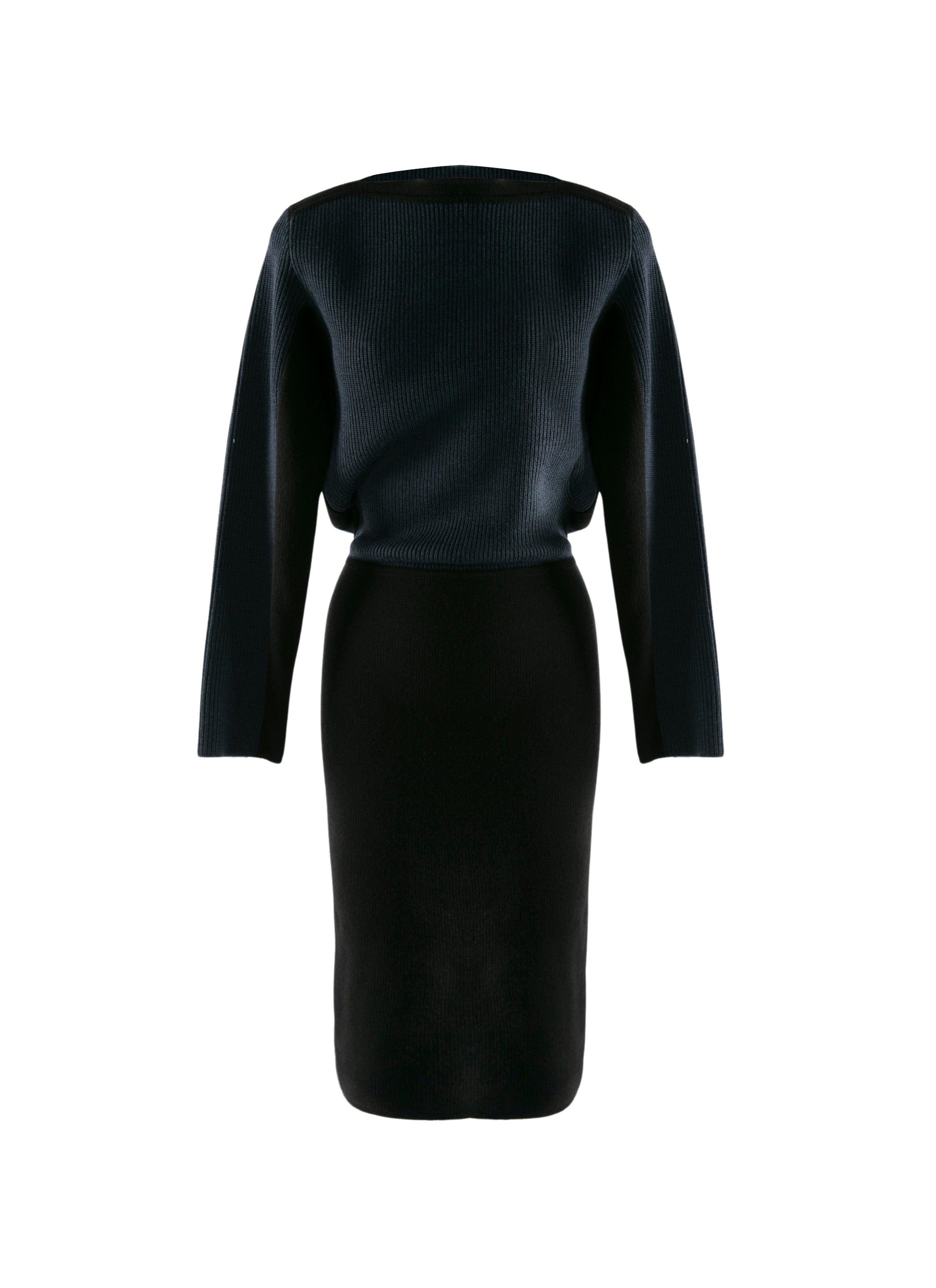 Robe tricot à manches longues en laine - Noir & Marine