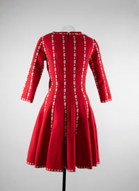 3/4-sleeve short dress in wool - Red & White