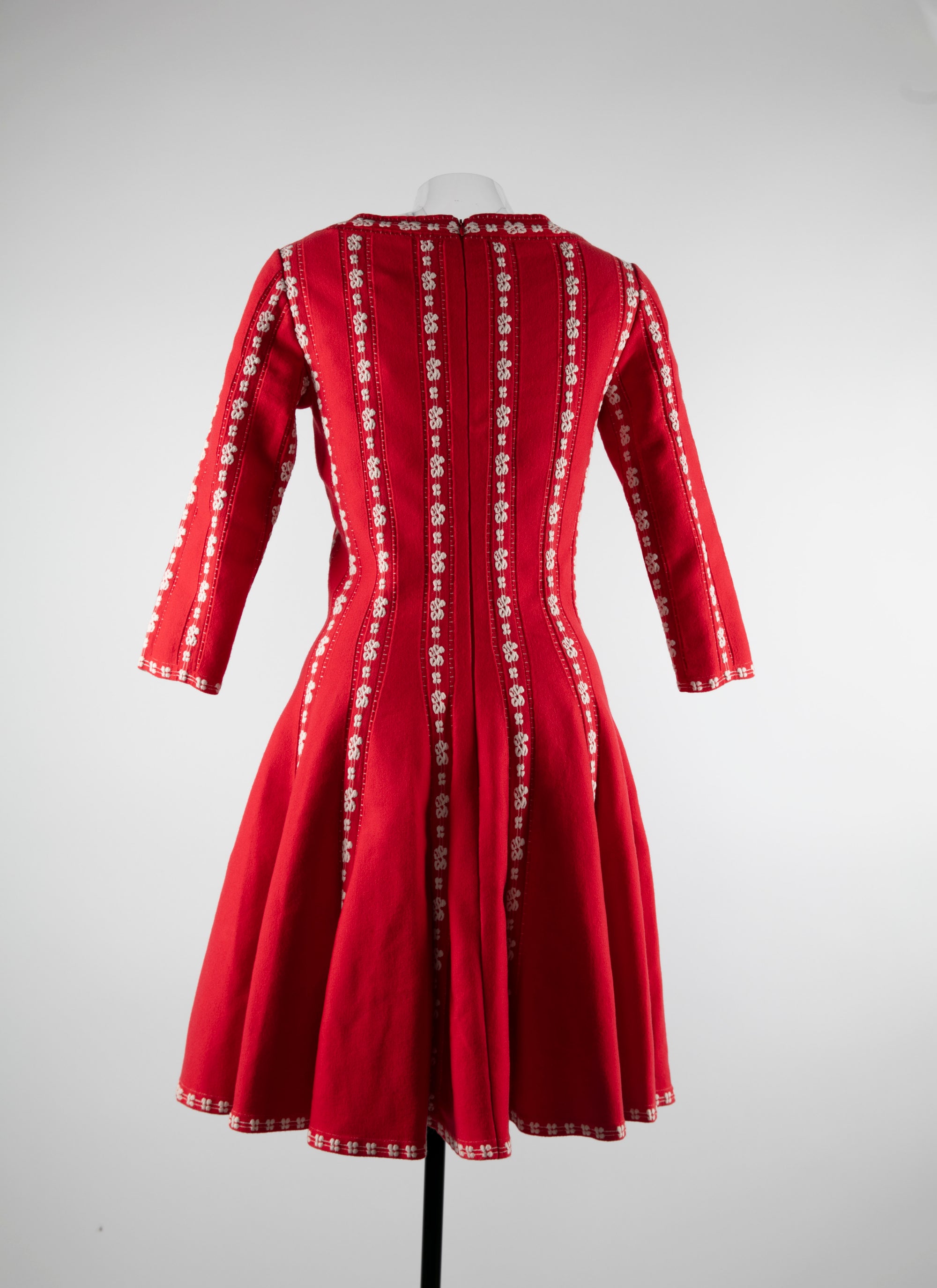 3/4-sleeve short dress in wool - Red & White