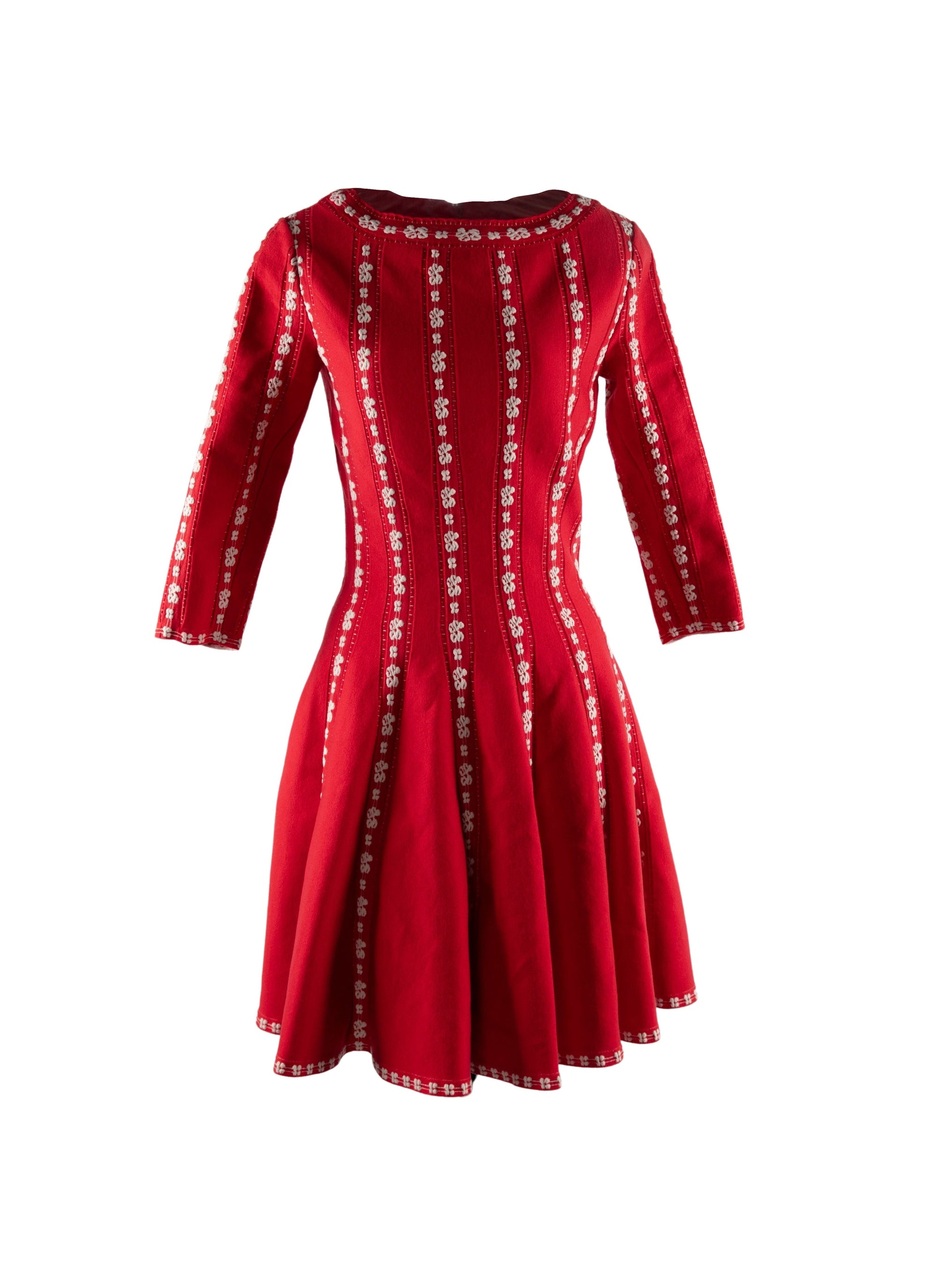 3/4-sleeve short dress in wool - Red & White