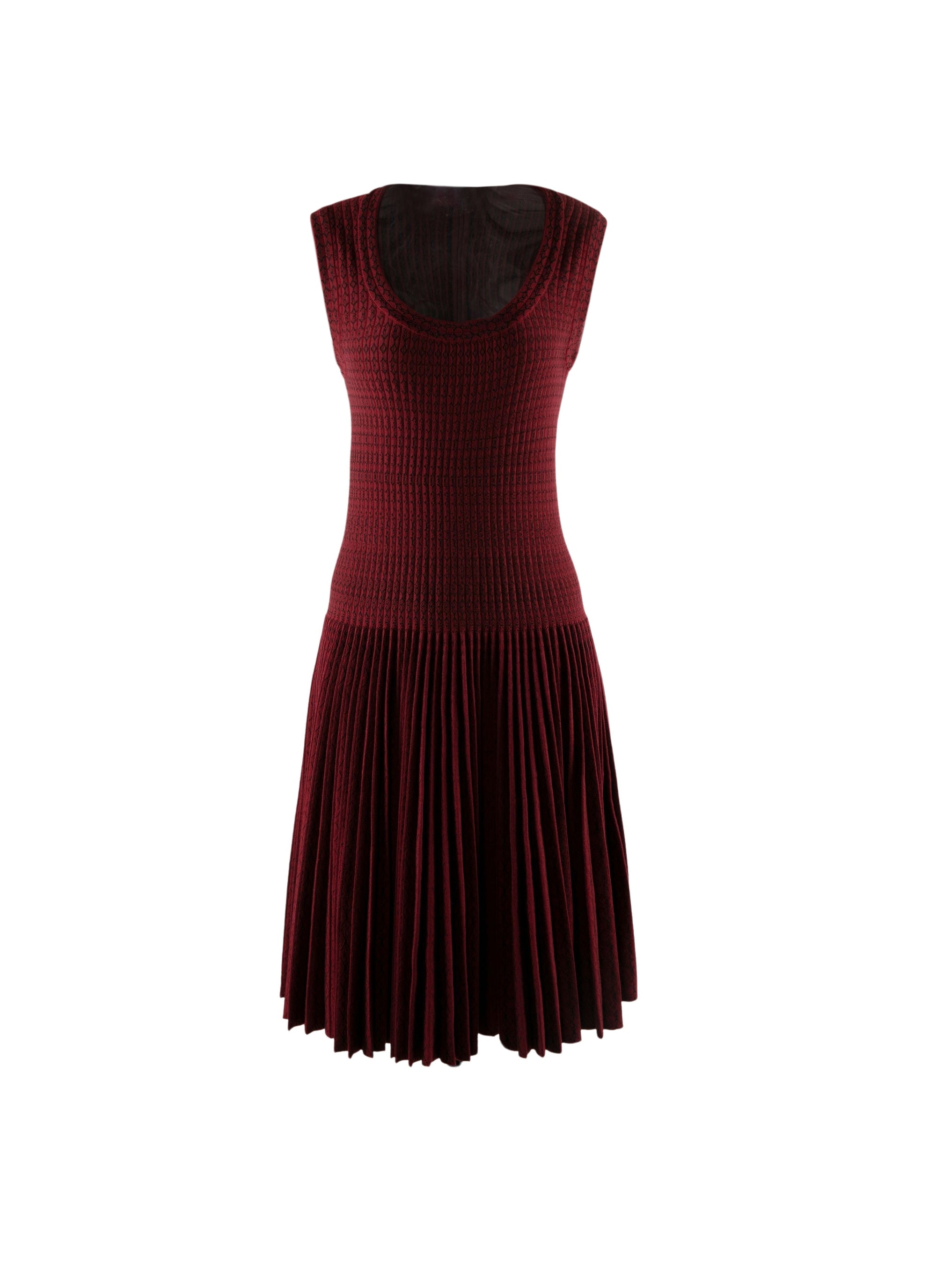 Sleeveless pleated regular dress in wool - Bordeaux & Black