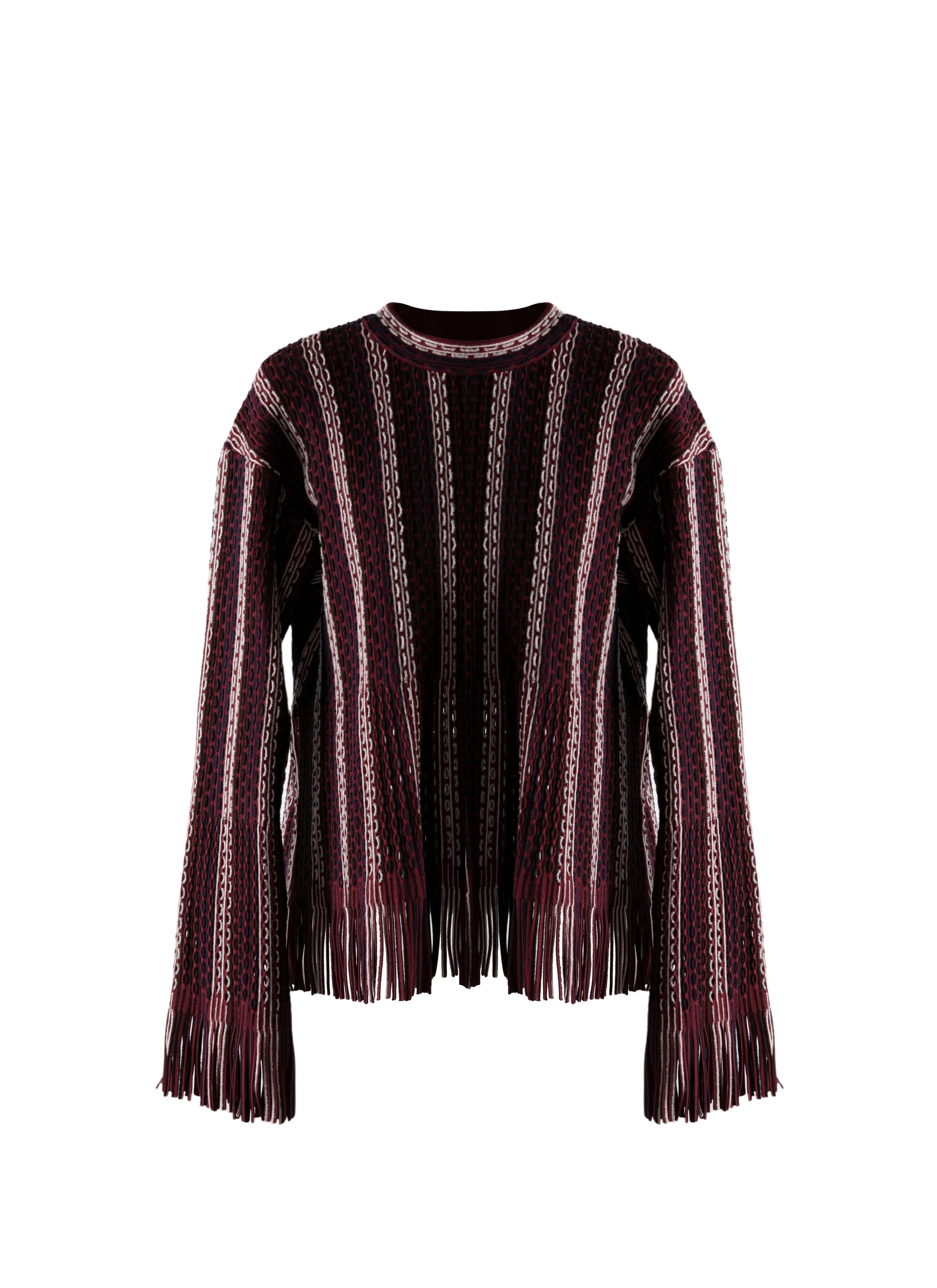 Long-sleeved fringed round-neck jumper - Bordeaux & Multico
