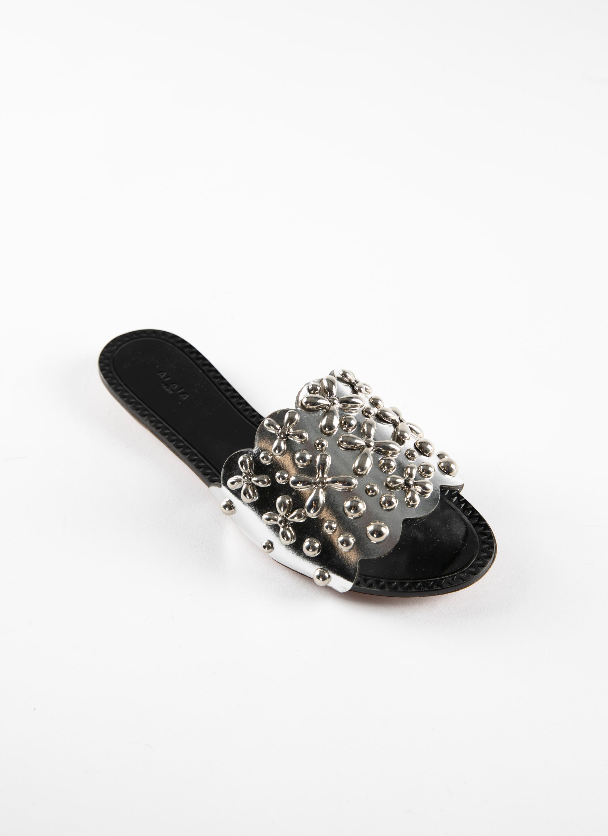 Studded strap mules with flower motif in leather - Silver
