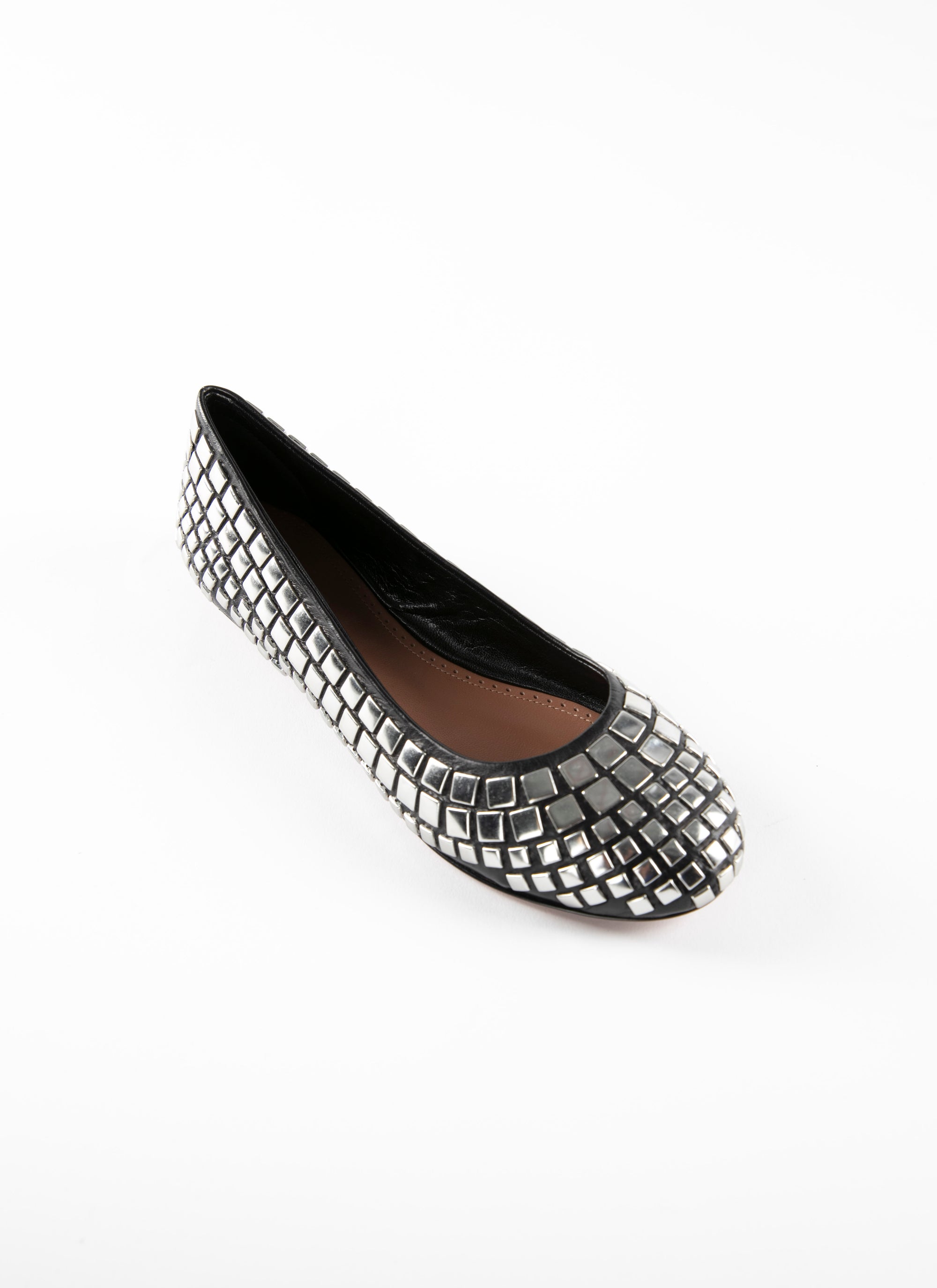 Ballerines bout rond à empiècements carrés argentés en cuir - Noir