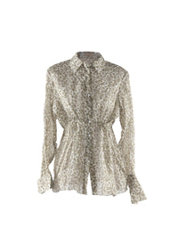 Basque shirt with floral motif in silk - White & Green