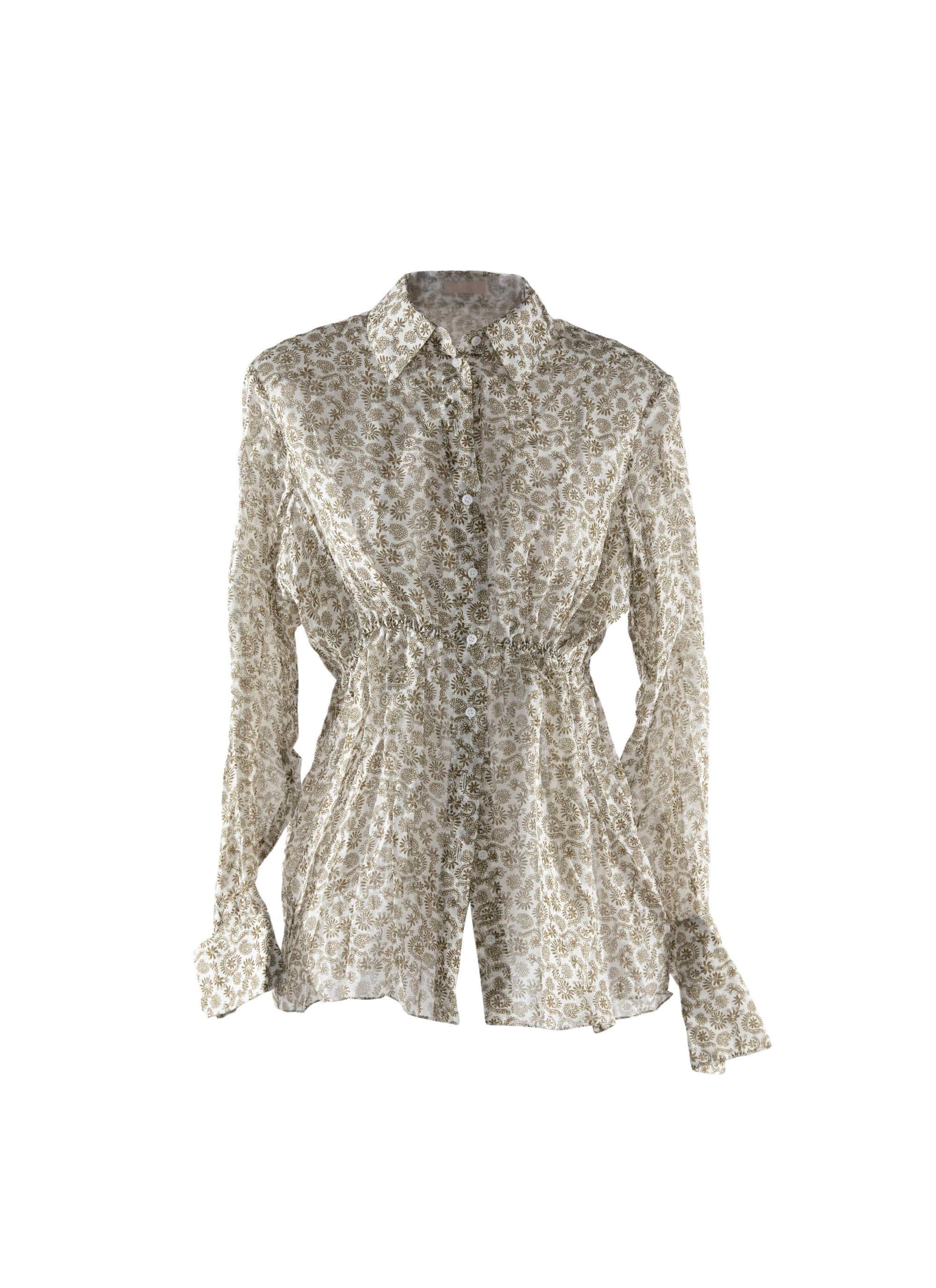 Basque shirt with floral motif in silk - White & Green