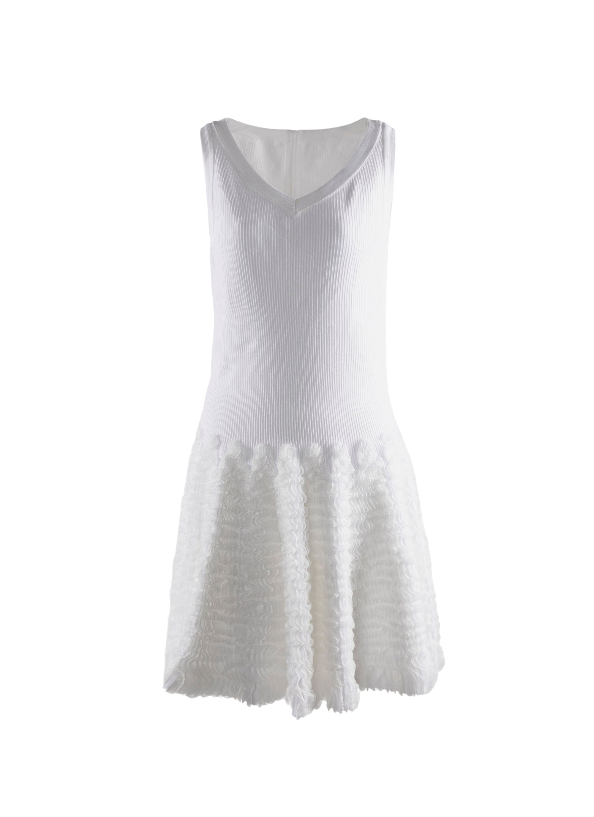 Robe col v sans manches avec bas à microvolants - Blanc