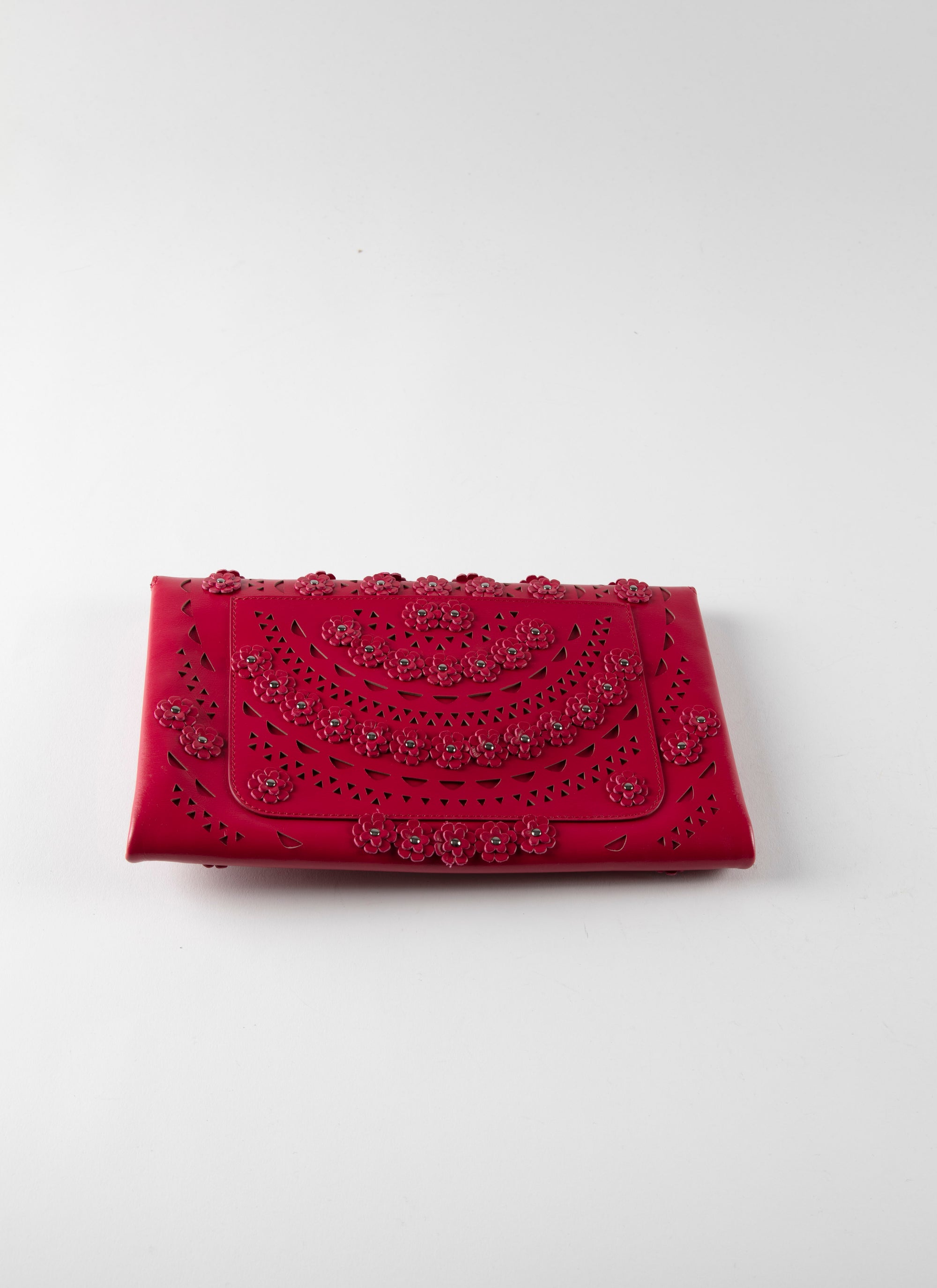 Pochette Oum fleurs en cuir - Framboise