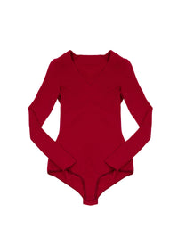 Long-sleeved wool v-neck bodysuit - Magenta