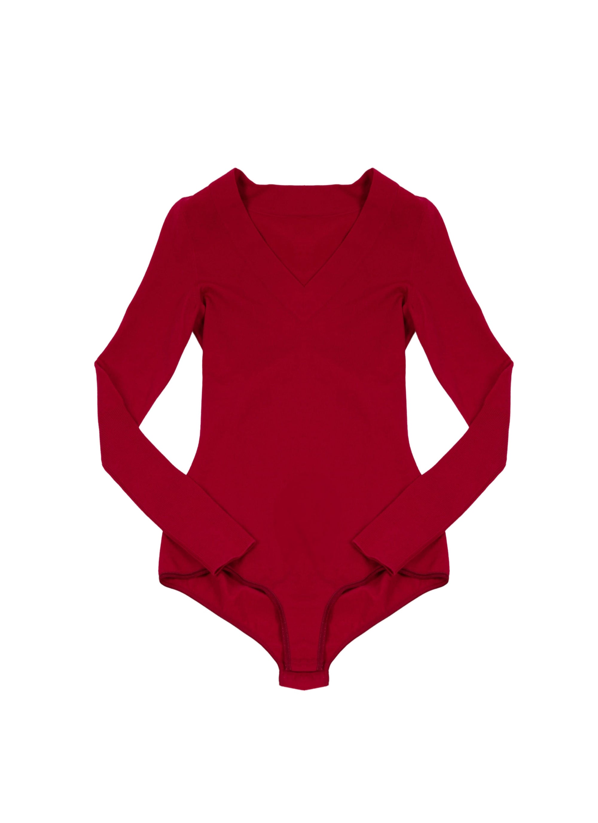 Long-sleeved wool v-neck bodysuit - Magenta