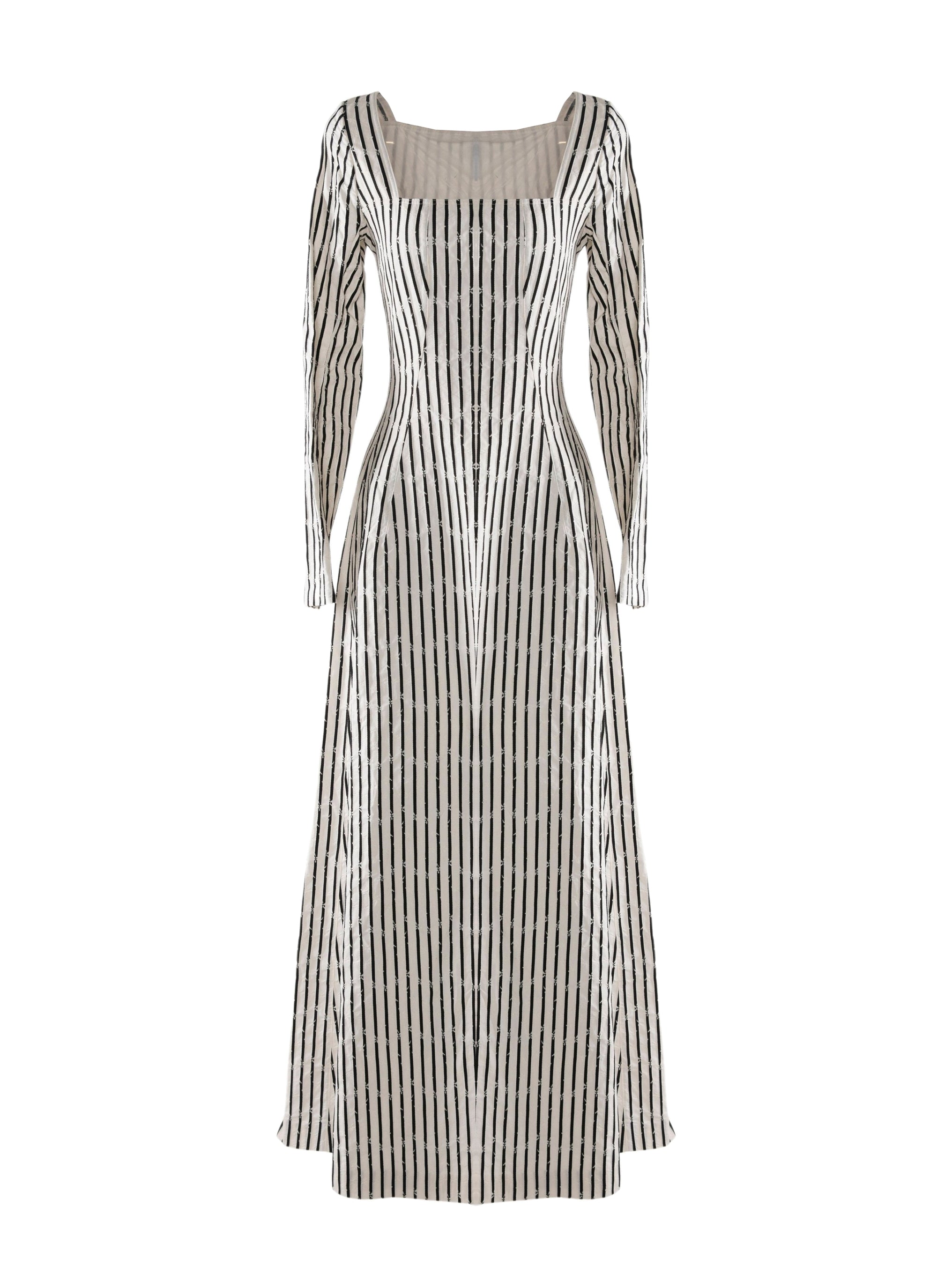Robe à manches longues rayée col carré - Blanc & Noir