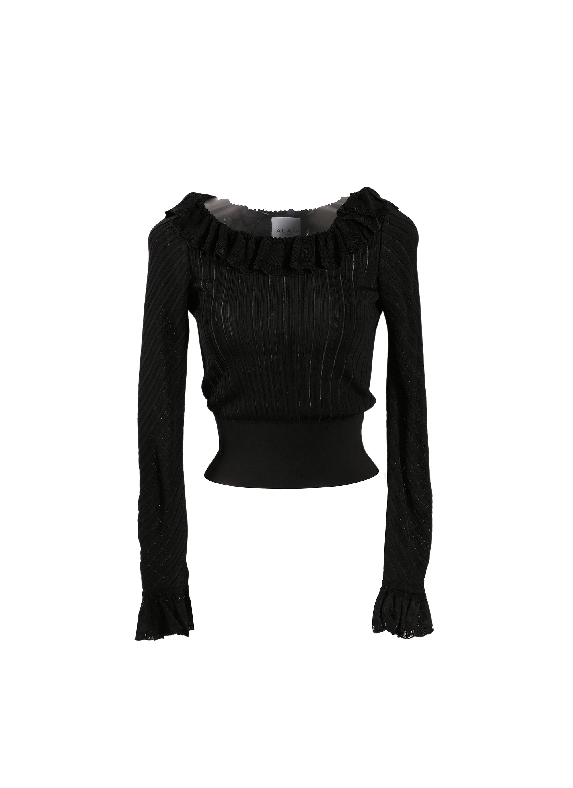 Knitted Falbalas long sleeve sheer jumper - Black