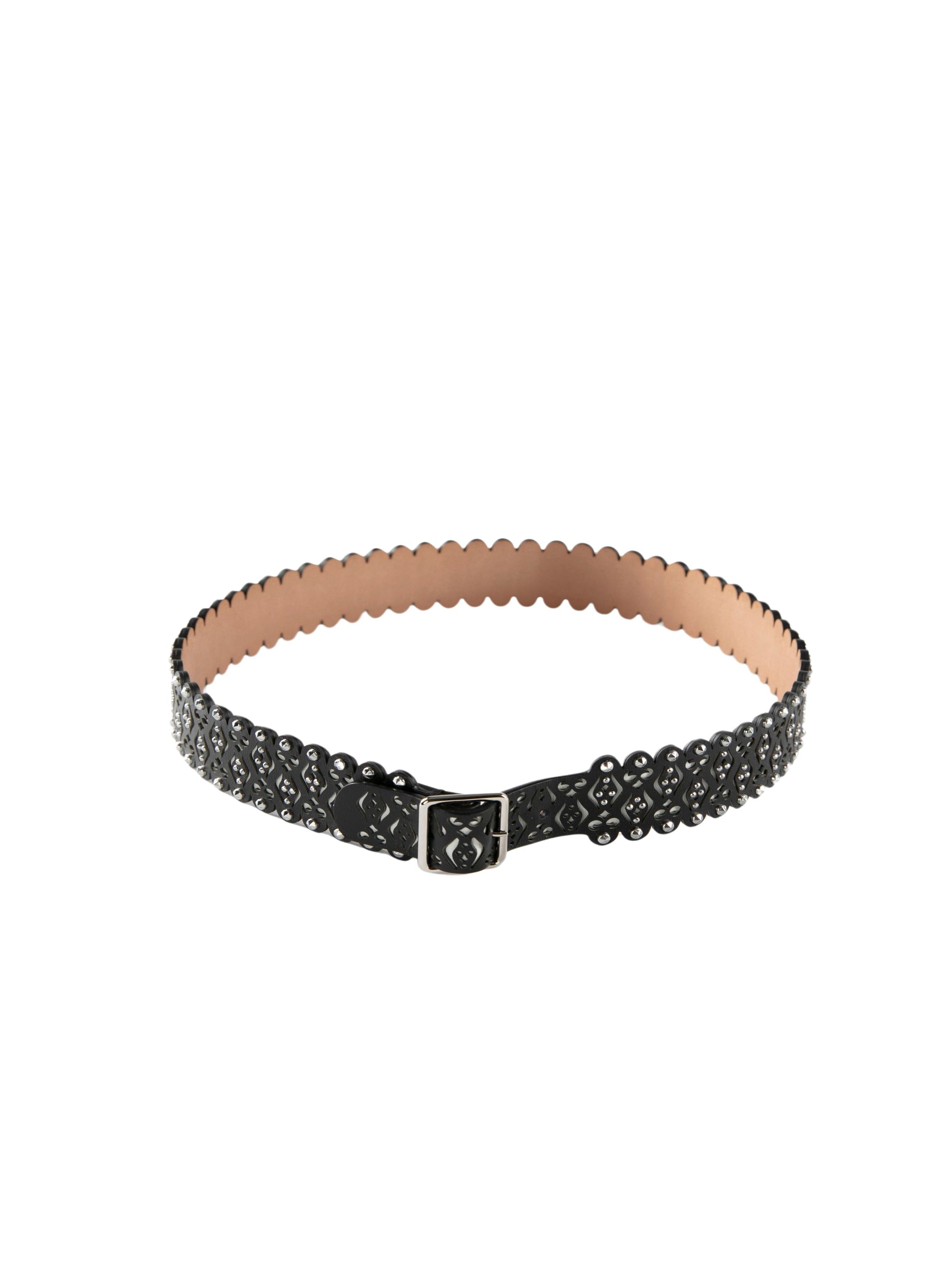 Thin leather belt with cut-out motifs - Black & White