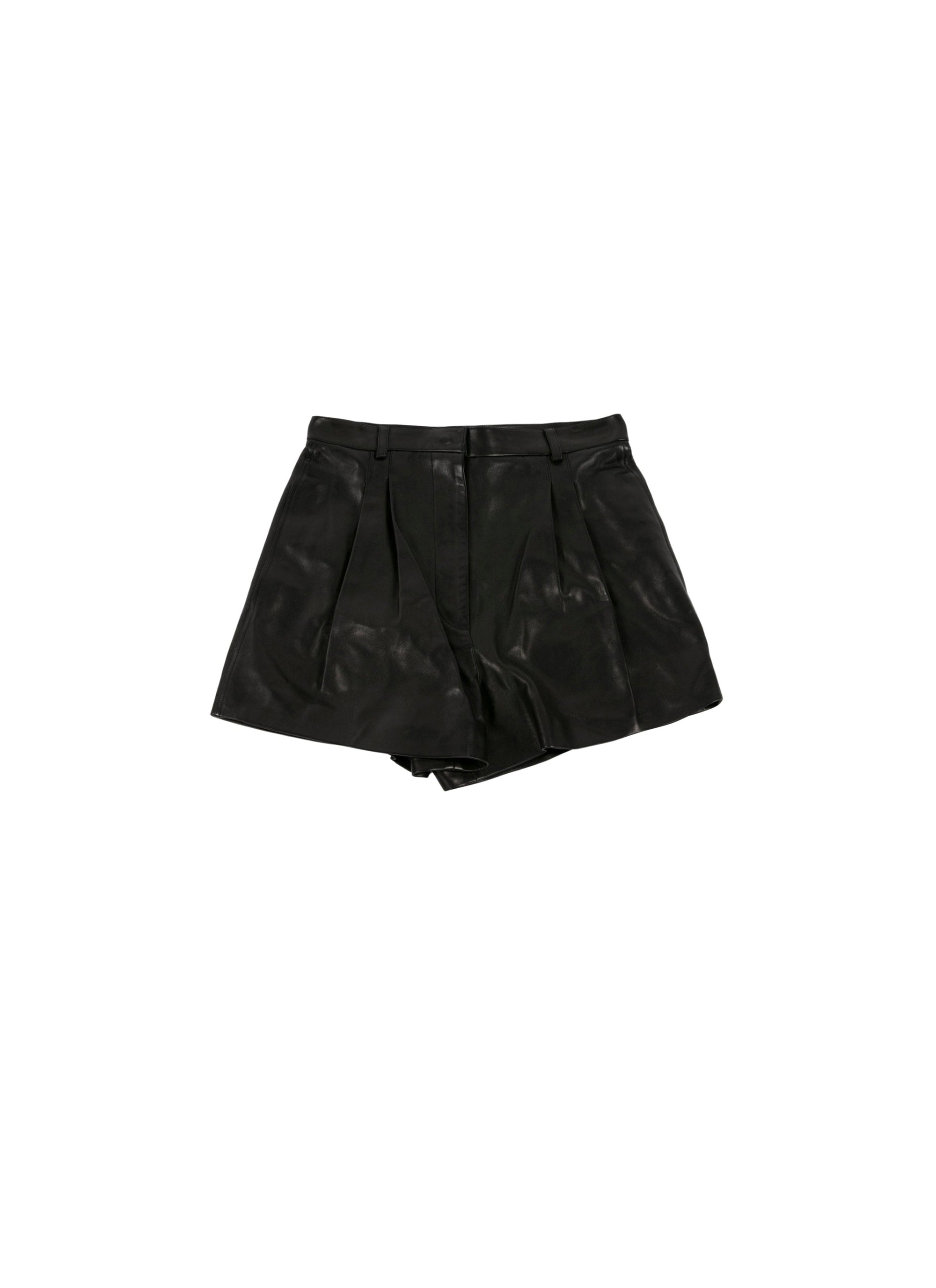 Short court plissé en cuir - Noir