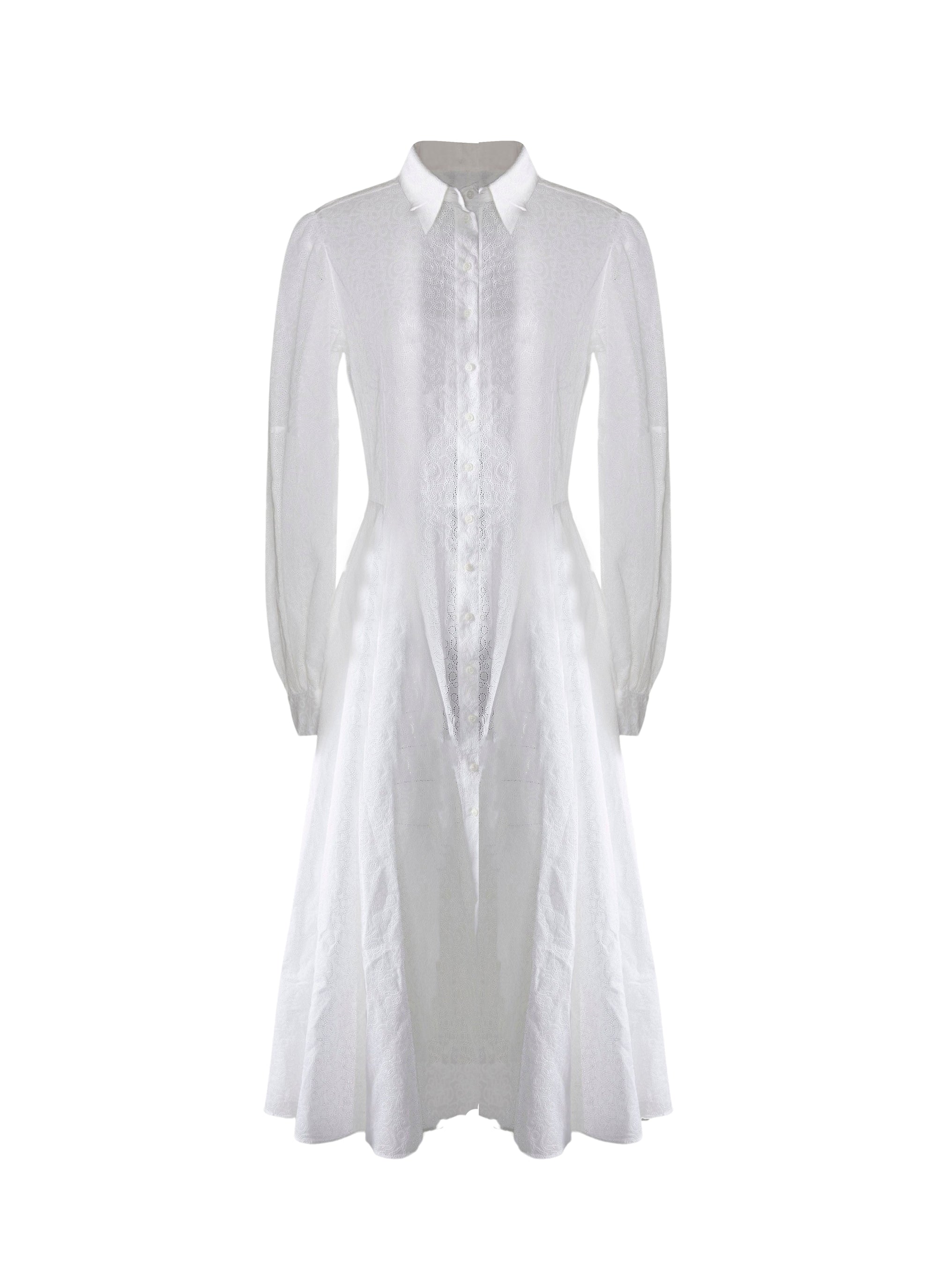 Perforated long-sleeved shirt dress - White