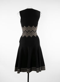 Printed belted sleeveless dress - Black & Beige