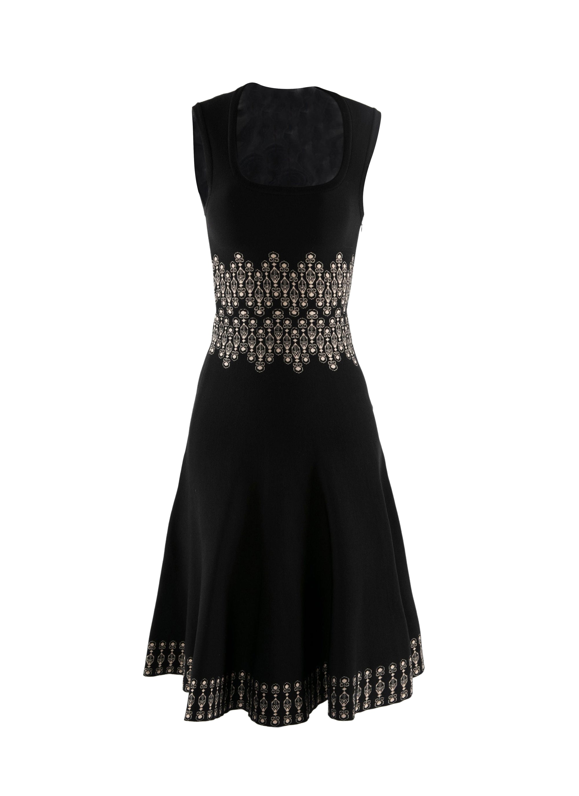 Printed belted sleeveless dress - Black & Beige