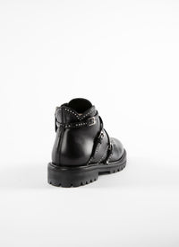 Bottines plates à multi boucles cloutées en cuir - Noir