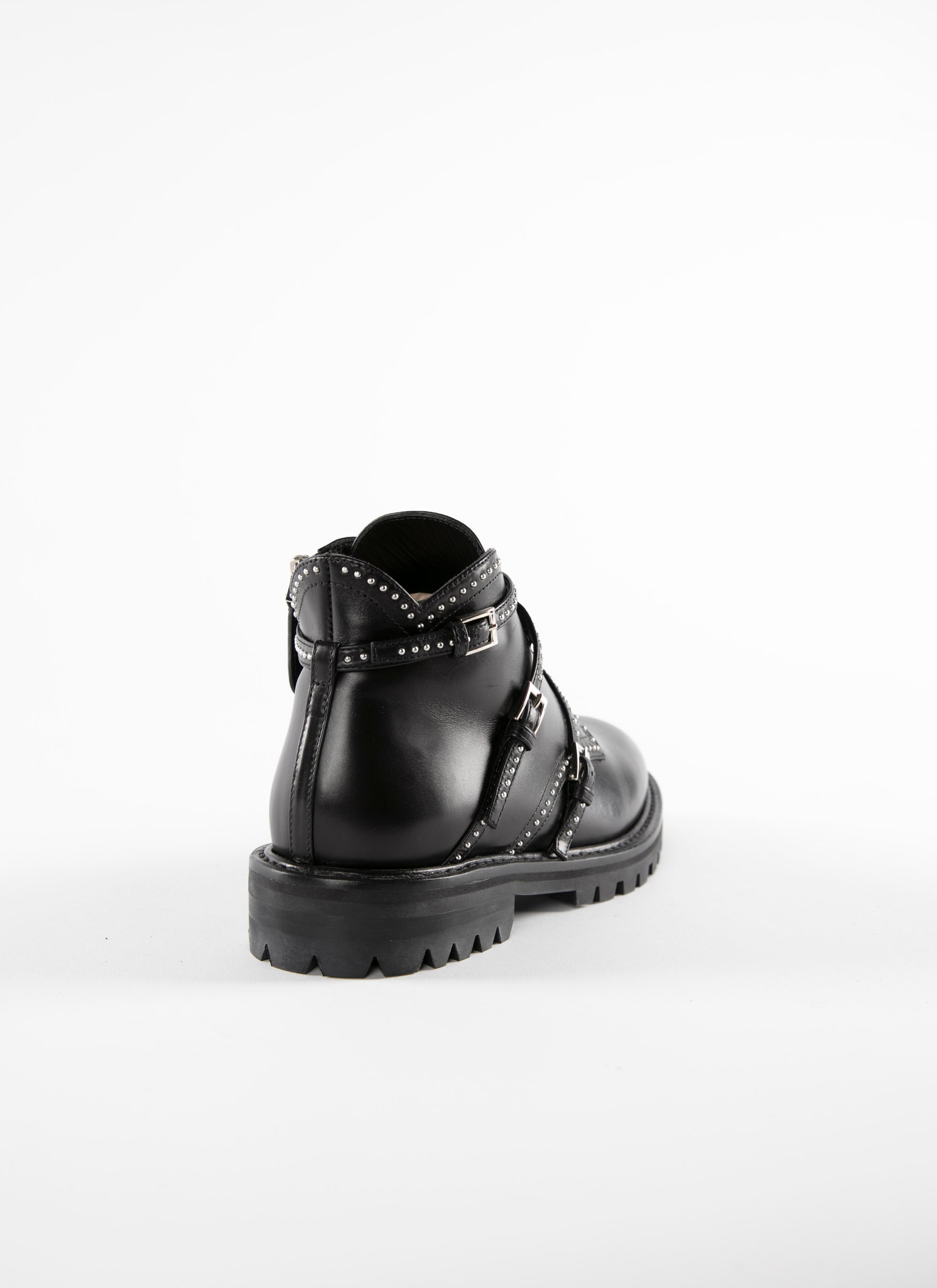 Bottines plates à multi boucles cloutées en cuir - Noir
