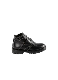 Bottines plates à multi boucles cloutées en cuir - Noir
