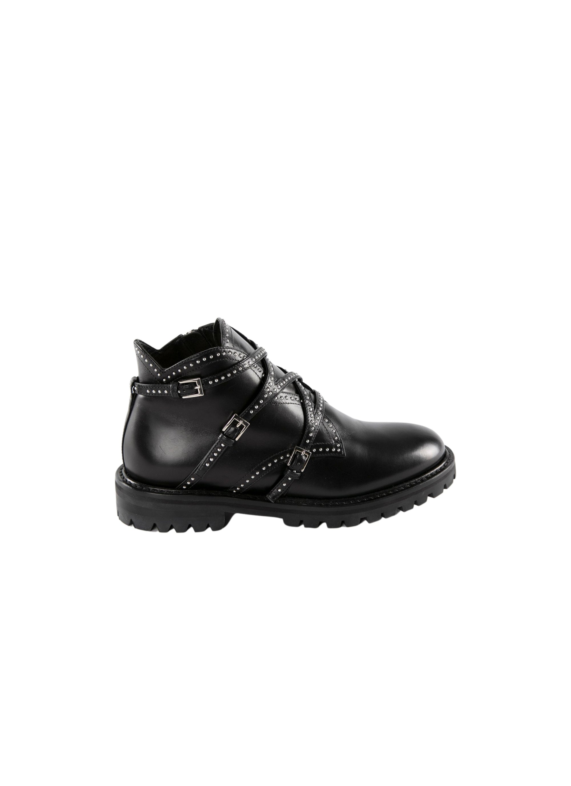 Bottines plates à multi boucles cloutées en cuir - Noir
