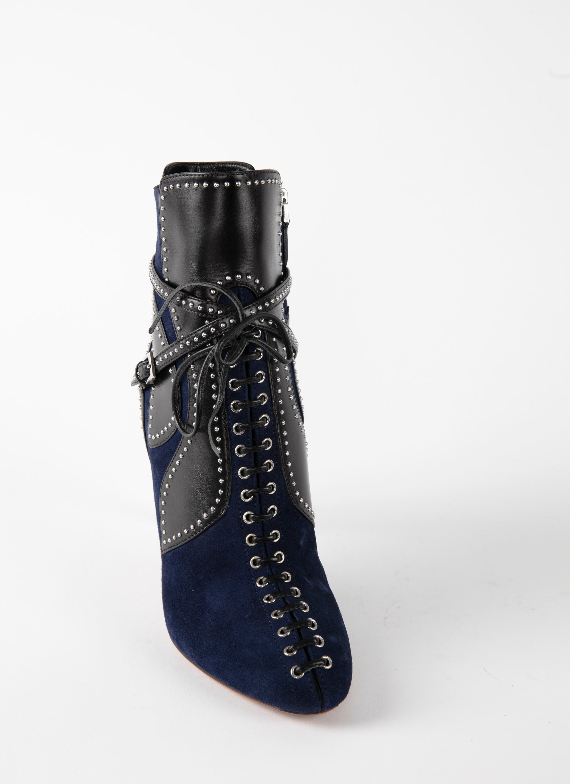 Bottines à lacets et motifs bordures cloutées en cuir - Bleu & Noir