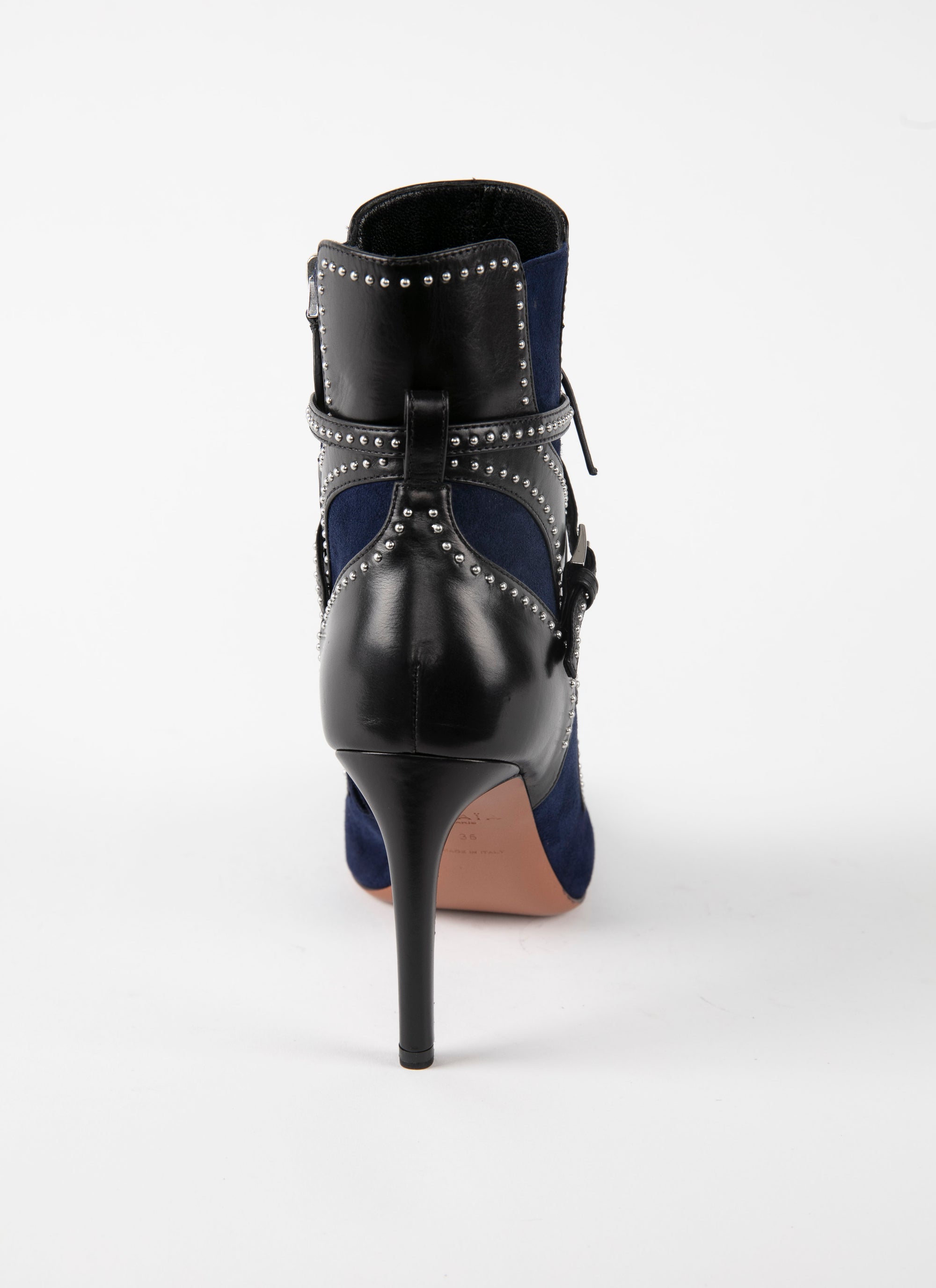 Bottines à lacets et motifs bordures cloutées en cuir - Bleu & Noir