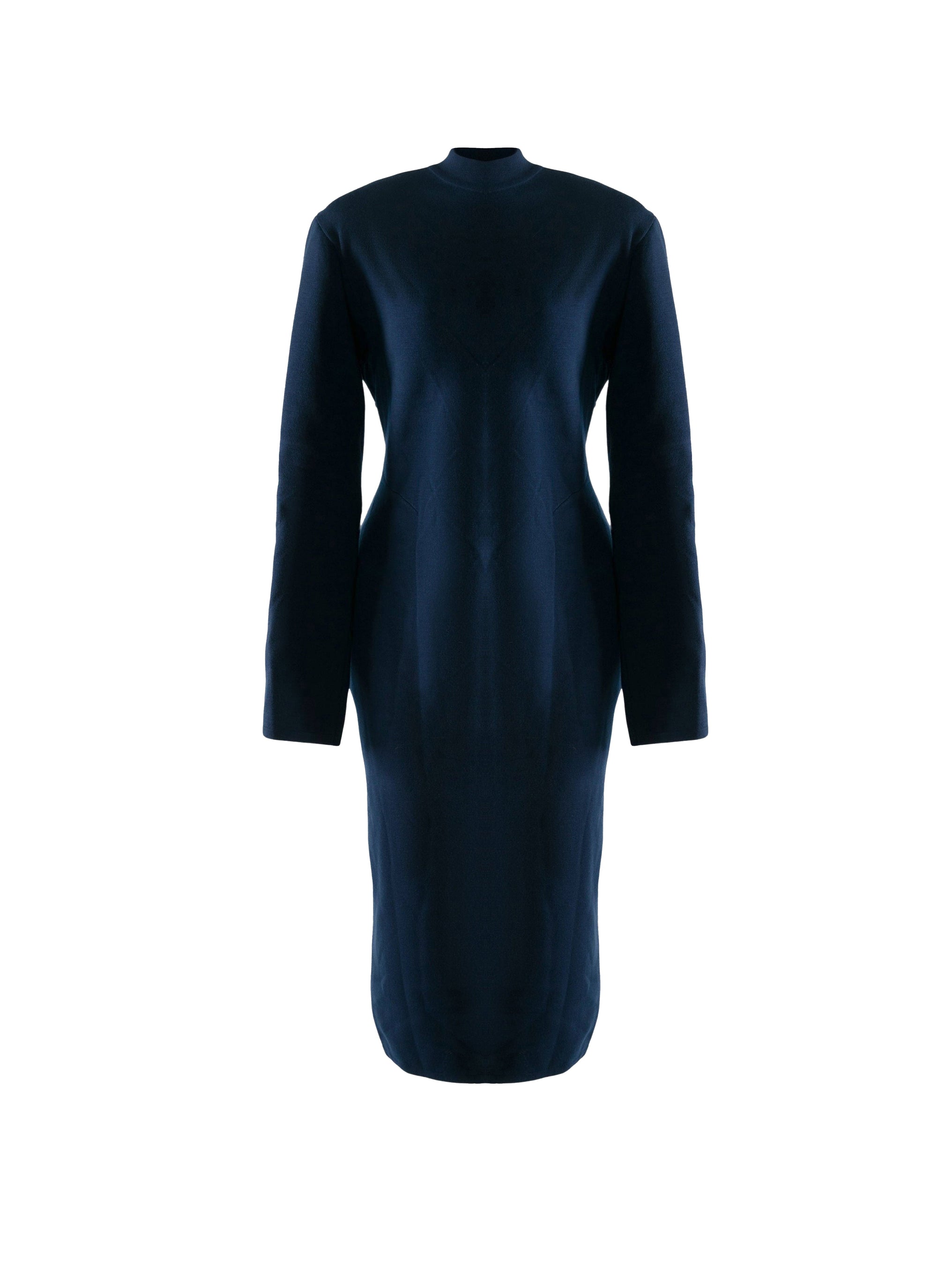 Robe à manches longues cintrées et col montant en laine - Marine