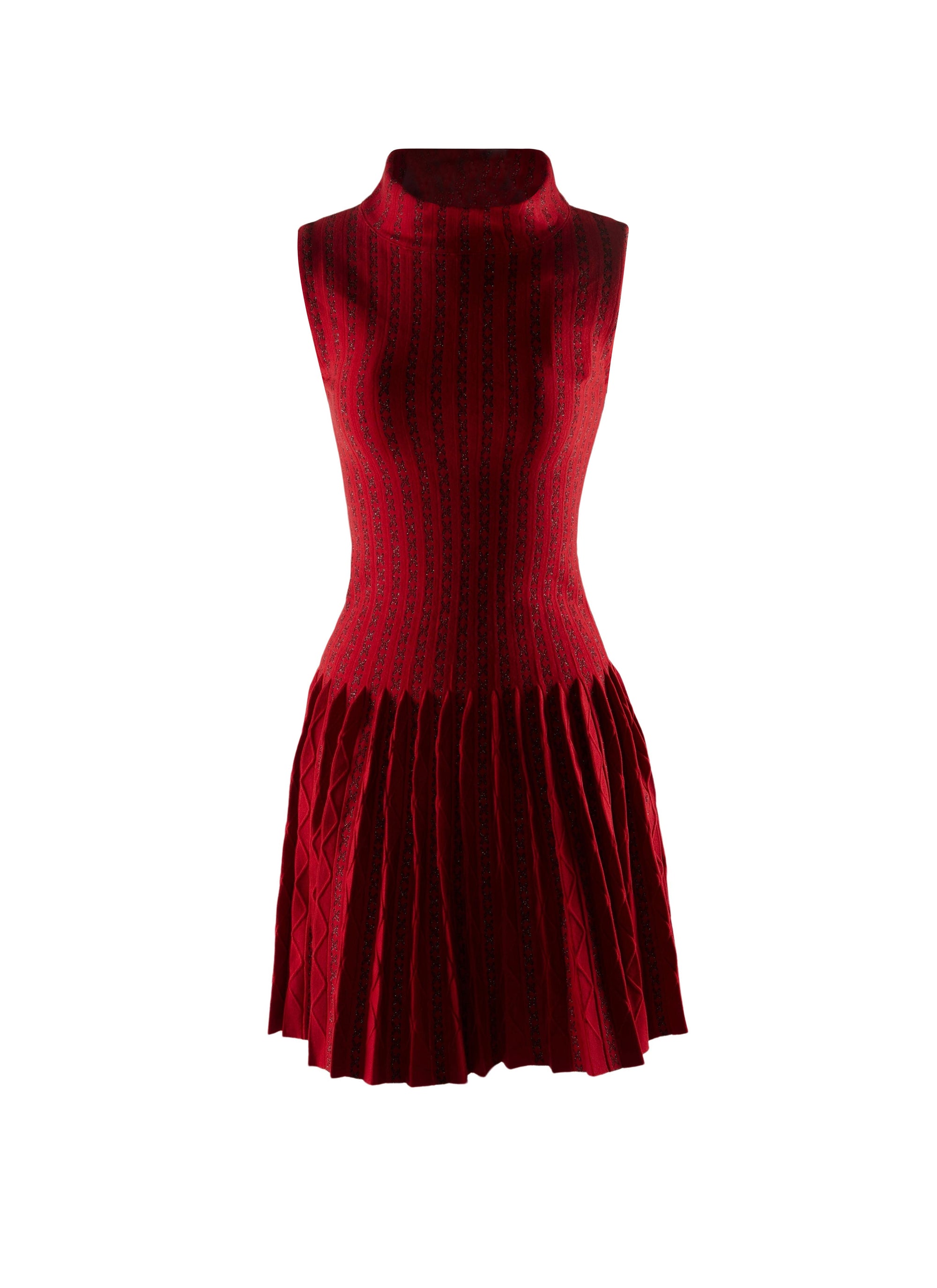 Sleeveless wool pleated turtleneck dress - Red & Black