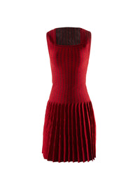 Sleeveless wool pleated square neck dress - Red & Black