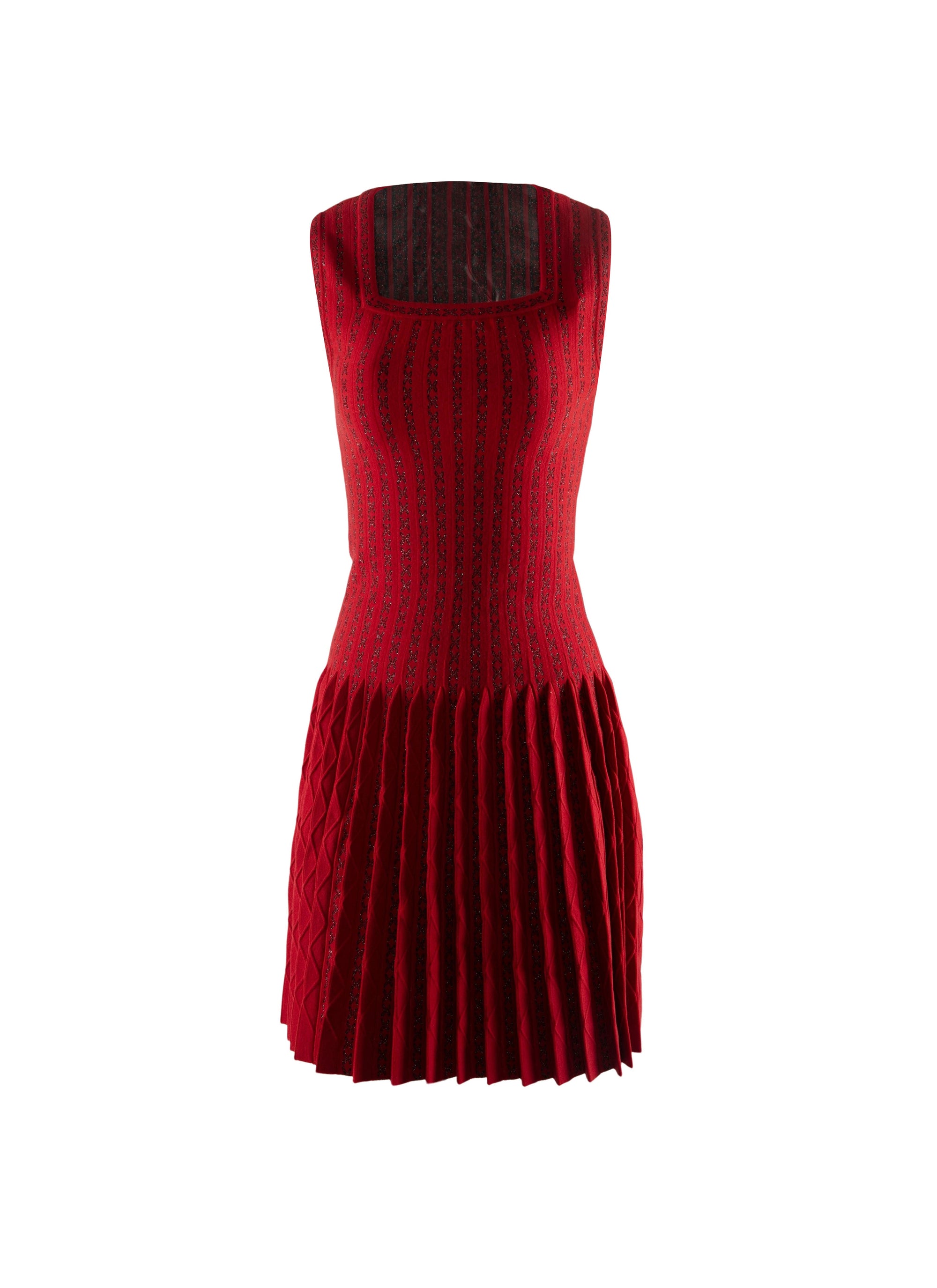 Sleeveless wool pleated square neck dress - Red & Black