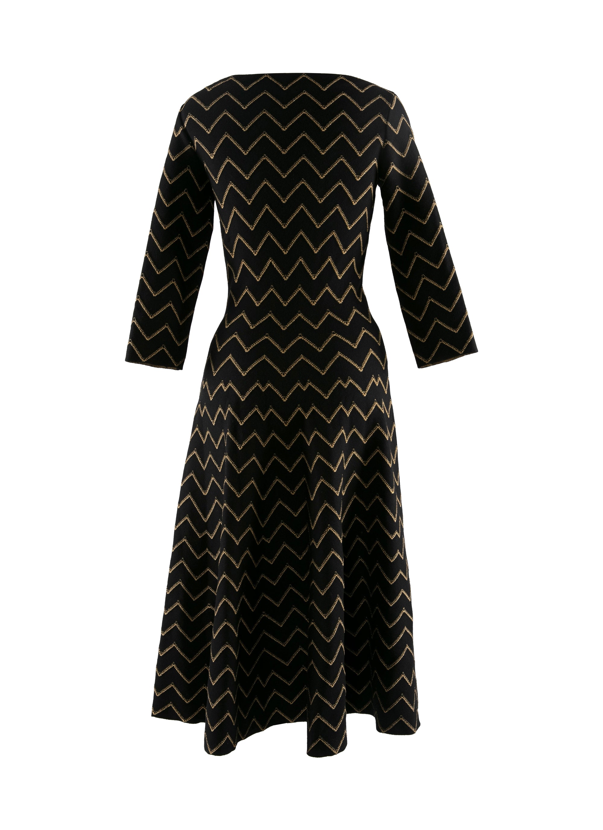 Fitted dress with metallic embroidered chevron in wool - Black & Gold