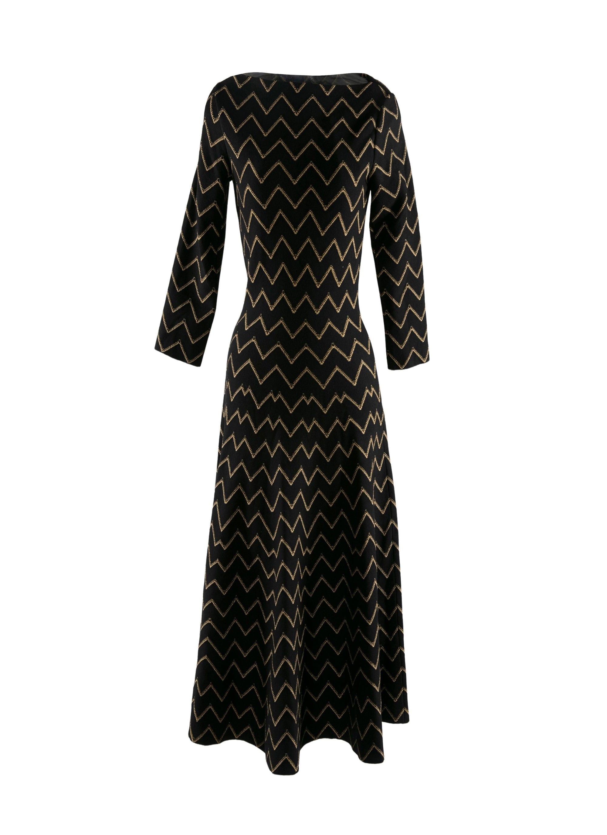 Fitted dress with metallic embroidered chevron in wool - Black & Gold