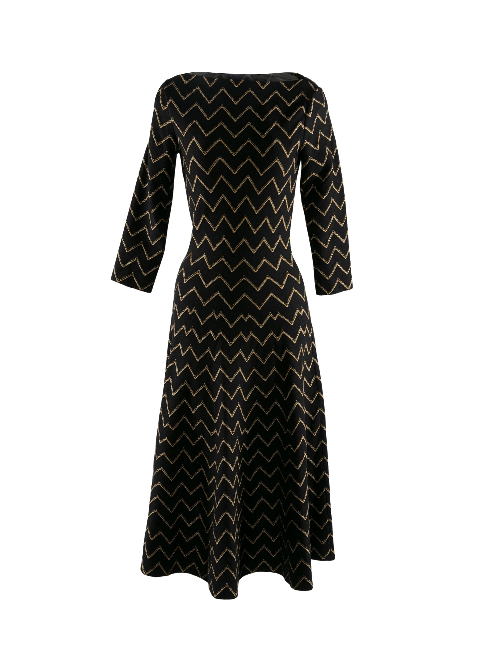 Fitted wool metallic embroidered herringbone dress - Black & Gold