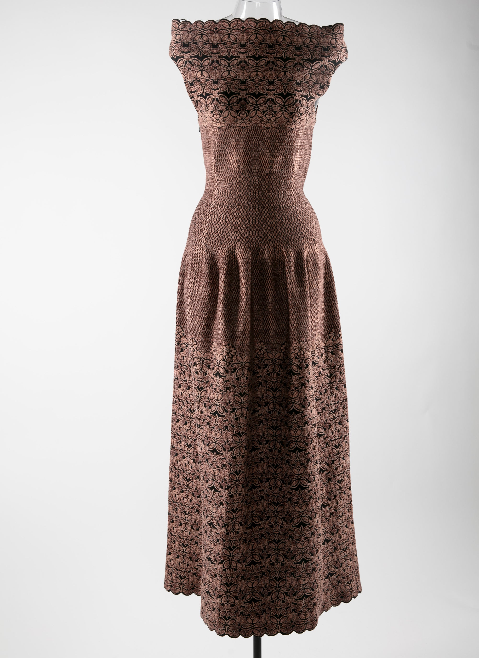 Scalloped hem boat neck midi-length dress - Black & Marron