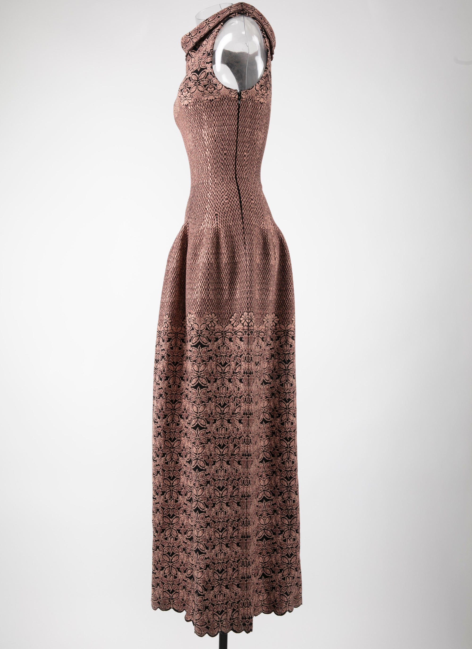 Scalloped hem boat neck midi-length dress - Black & Marron