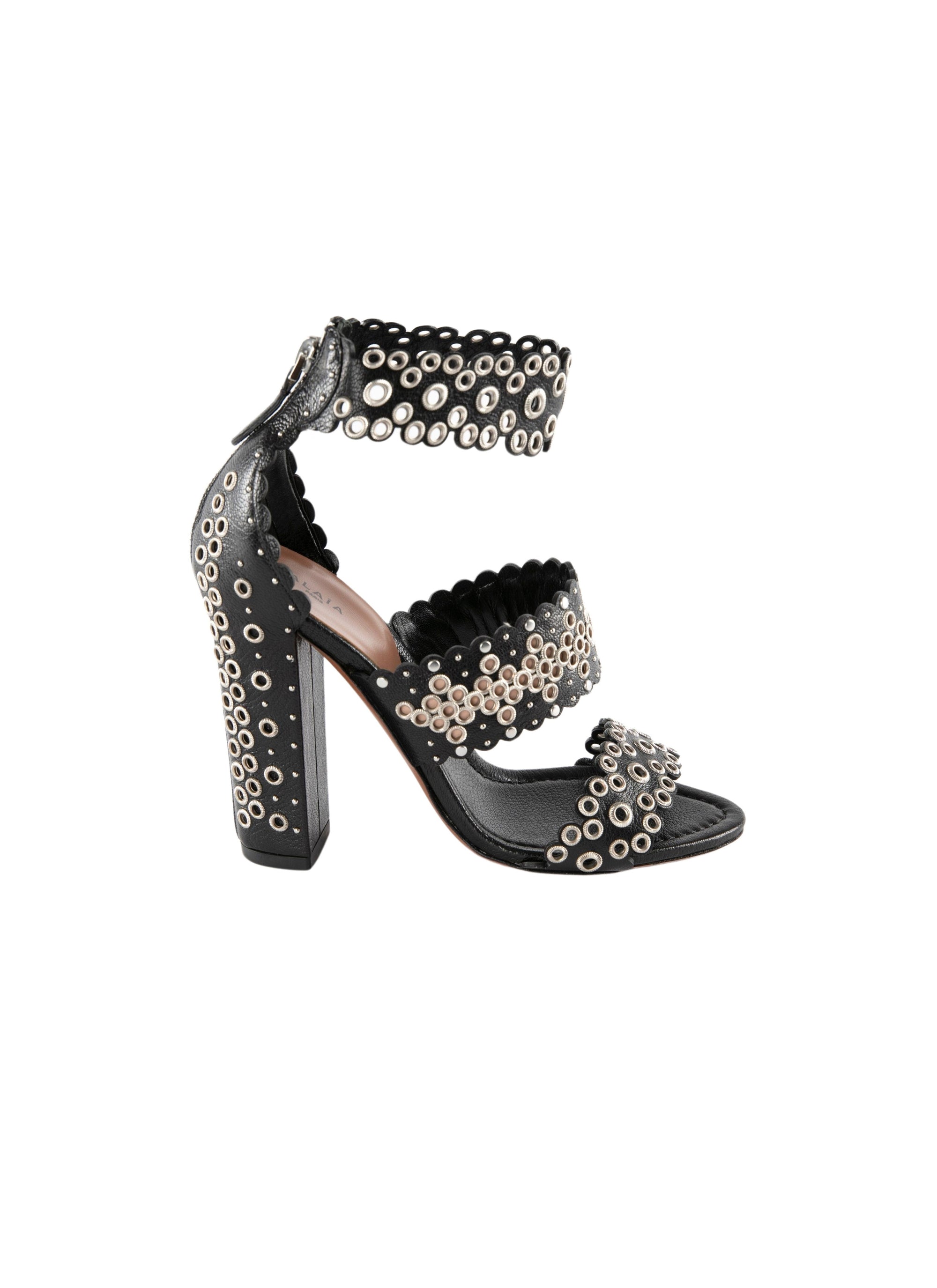Sandales à talons à œillets all over en cuir - Noir