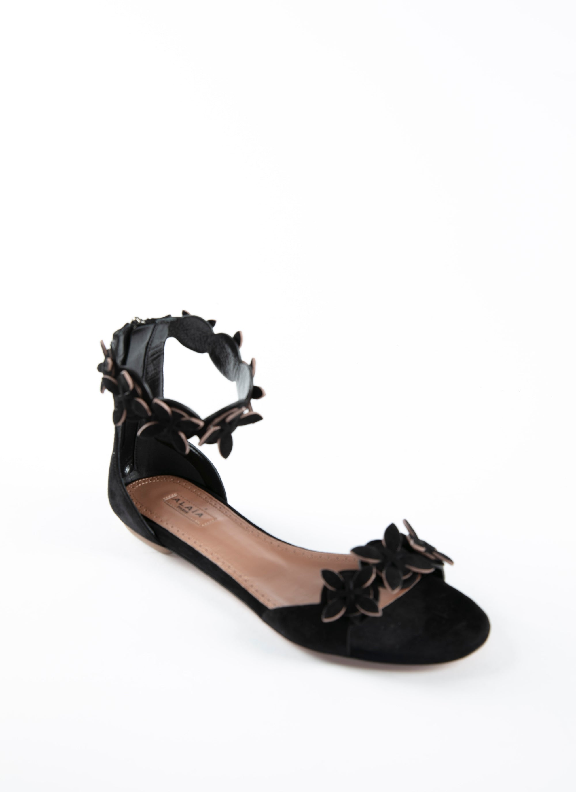 Leather flower strap sandals - Black & Flesh